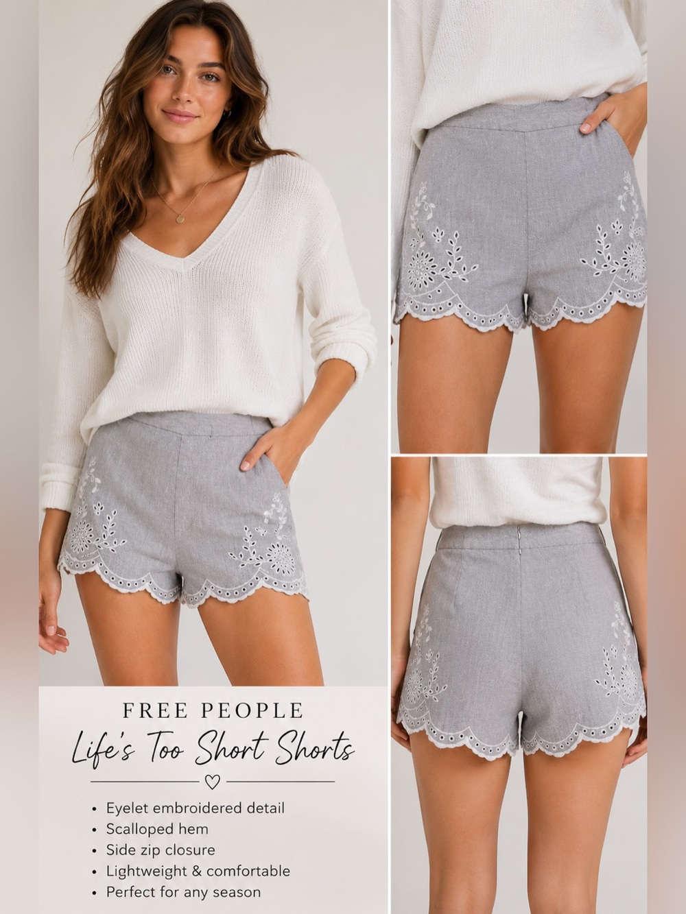 Free People Life’s Too Short Embroidered Eyelet Scalloped Shorts Gray Size 6 - Picture 9 of 10